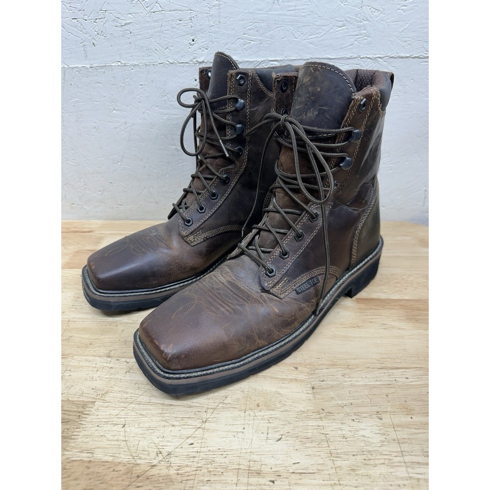 Justin Work Boots Steel Toe WK682 Brown Leather Size 11 D Square Toe